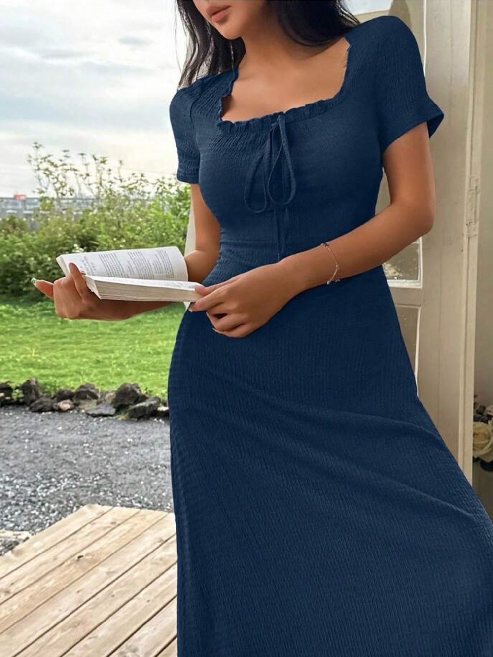 SHEIN Teal Blue Knitted Midi Dress With Square Neck And Knot Detail